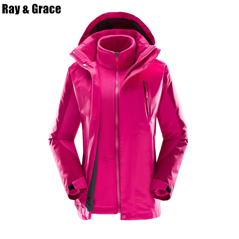 RAY GRACE Winter Women 3 in 1 Waterproof Warm Hiking Jacket Thermal Antistatic Camping Outdoor Sport Windbreaker Fleece Coat
