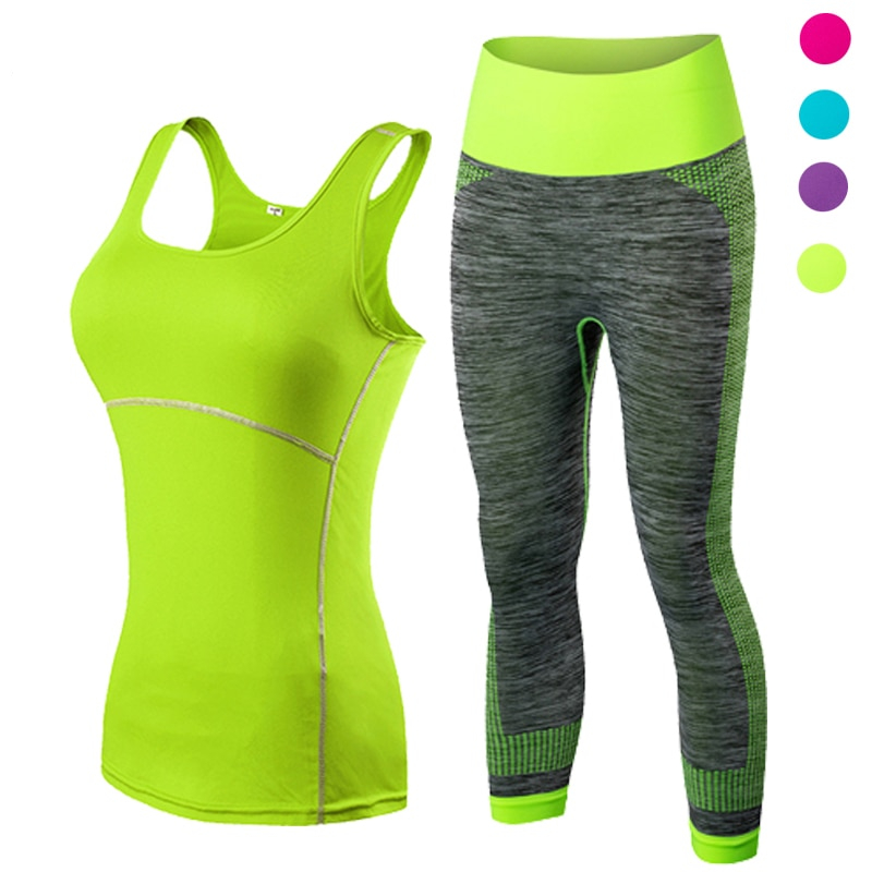 Hot Ladies 2 Pcs Sport Running Cropped Top 3/4 Leggings Set Gym Yoga Pants Vest Gym Trainning Clothing Free Shipping