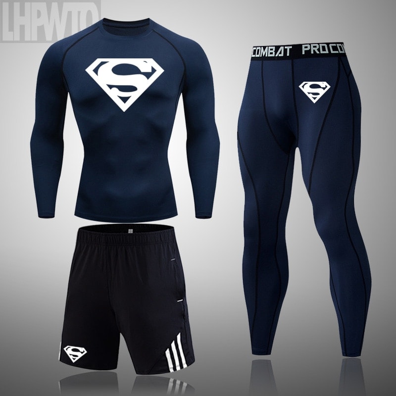 Superman 3 Pcs/Sets Men's Long sleeve workout Compression Suit Gym Set Elastic Basketb all Wo rkout Running Sportswear