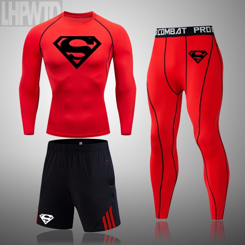 Superman 3 Pcs/Sets Men's Long sleeve workout Compression Suit Gym Set Elastic Basketb all Wo rkout Running Sportswear