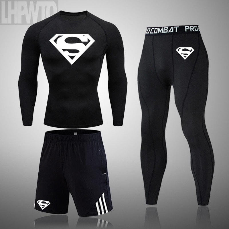 Superman 3 Pcs/Sets Men's Long sleeve workout Compression Suit Gym Set Elastic Basketb all Wo rkout Running Sportswear