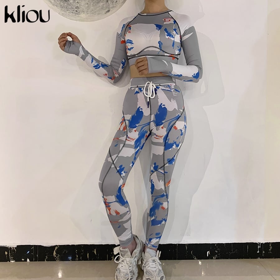 Kliou women skinny patchwork tracksuit 2 piece outfits long sleeve crop top sporty leggings matching set casual fitness clothes