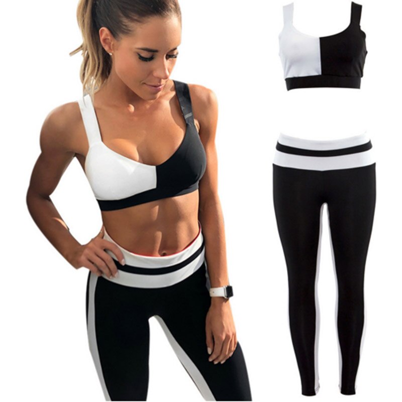 Women Sportswear Tracksuit Woman Fitness Gym Set Yoga Suit Female Costume Sport Top+Leggings Running Workout Clothes Black White