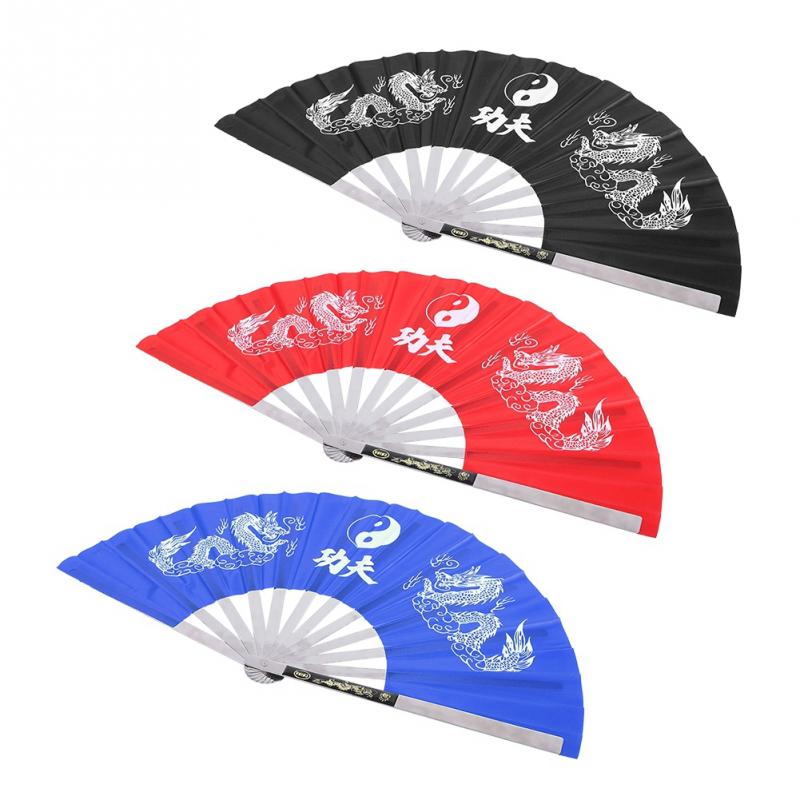 Stainless Steel Tai Chi Kung Fu Fan Black Red Blue Chinese Dragon Frame For Women Men Martial Art Tai Chi Training Square Dance