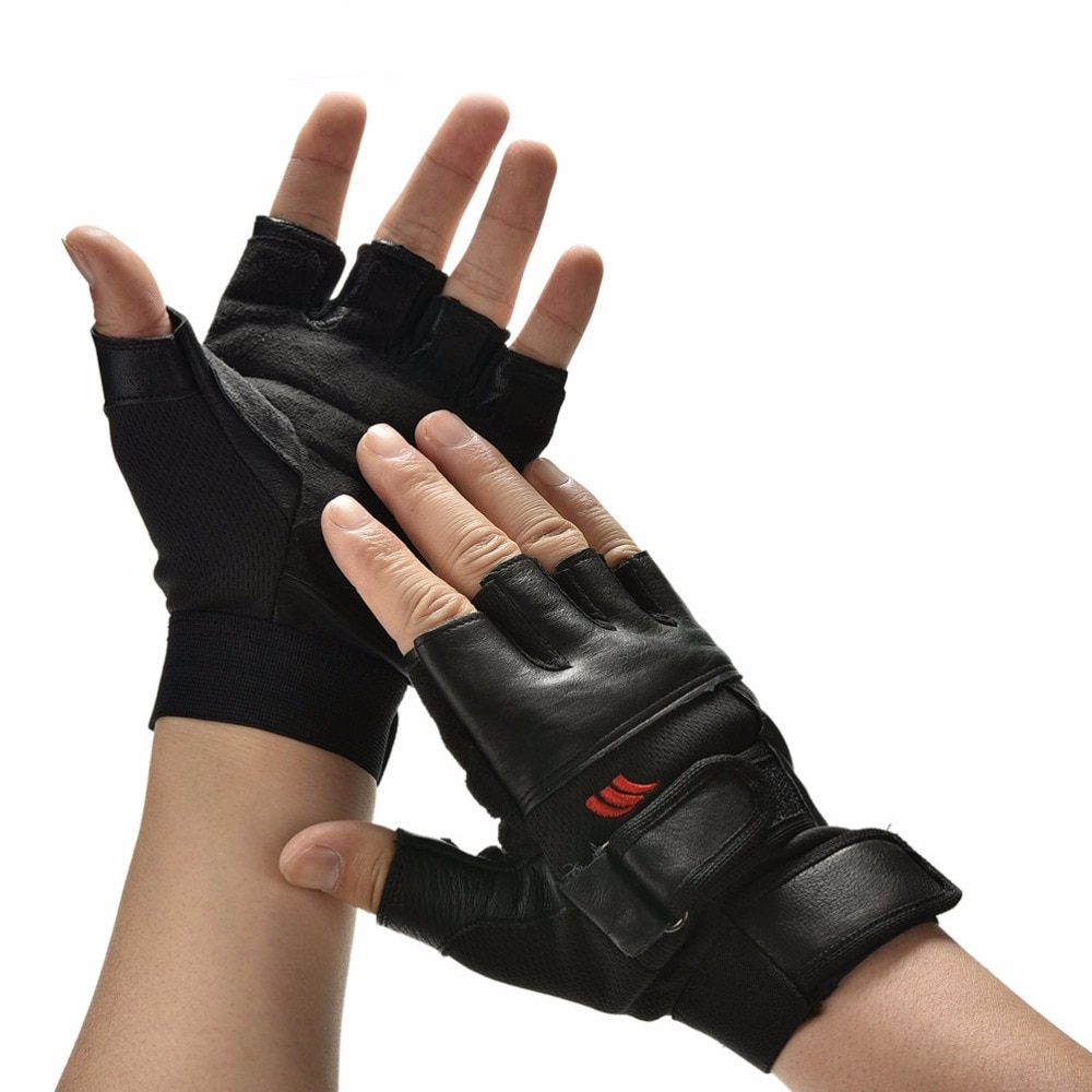 1Pair Men Black PU Leather Weight Lifting Gym Gloves Workout Wrist Wrap Sports Exercise Training Fitness