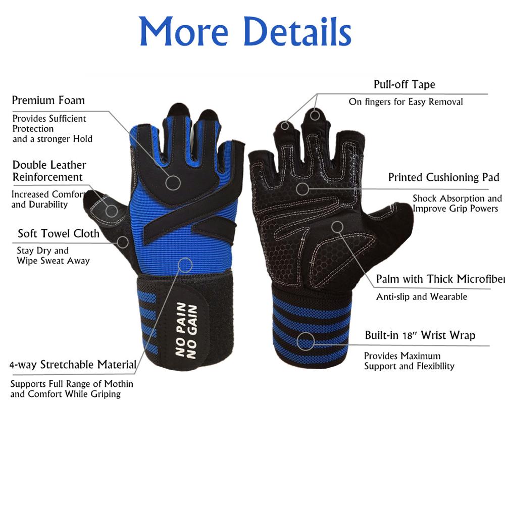 Fitness Exercise Gym Sports Outdoors Full Finger Gloves Pair Body Building Weight Lifting Gloves with Belt Straps Wrist Black