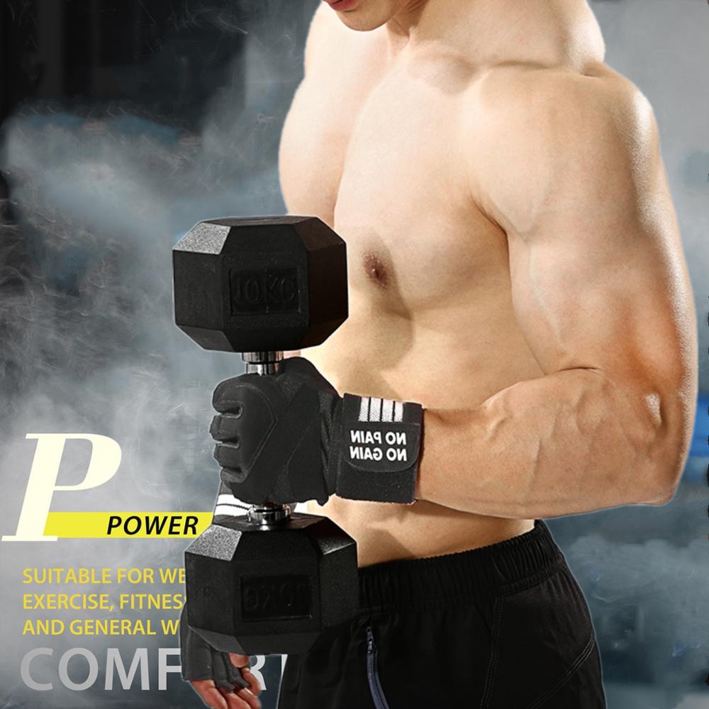 Fitness Exercise Gym Sports Outdoors Full Finger Gloves Pair Body Building Weight Lifting Gloves with Belt Straps Wrist Black