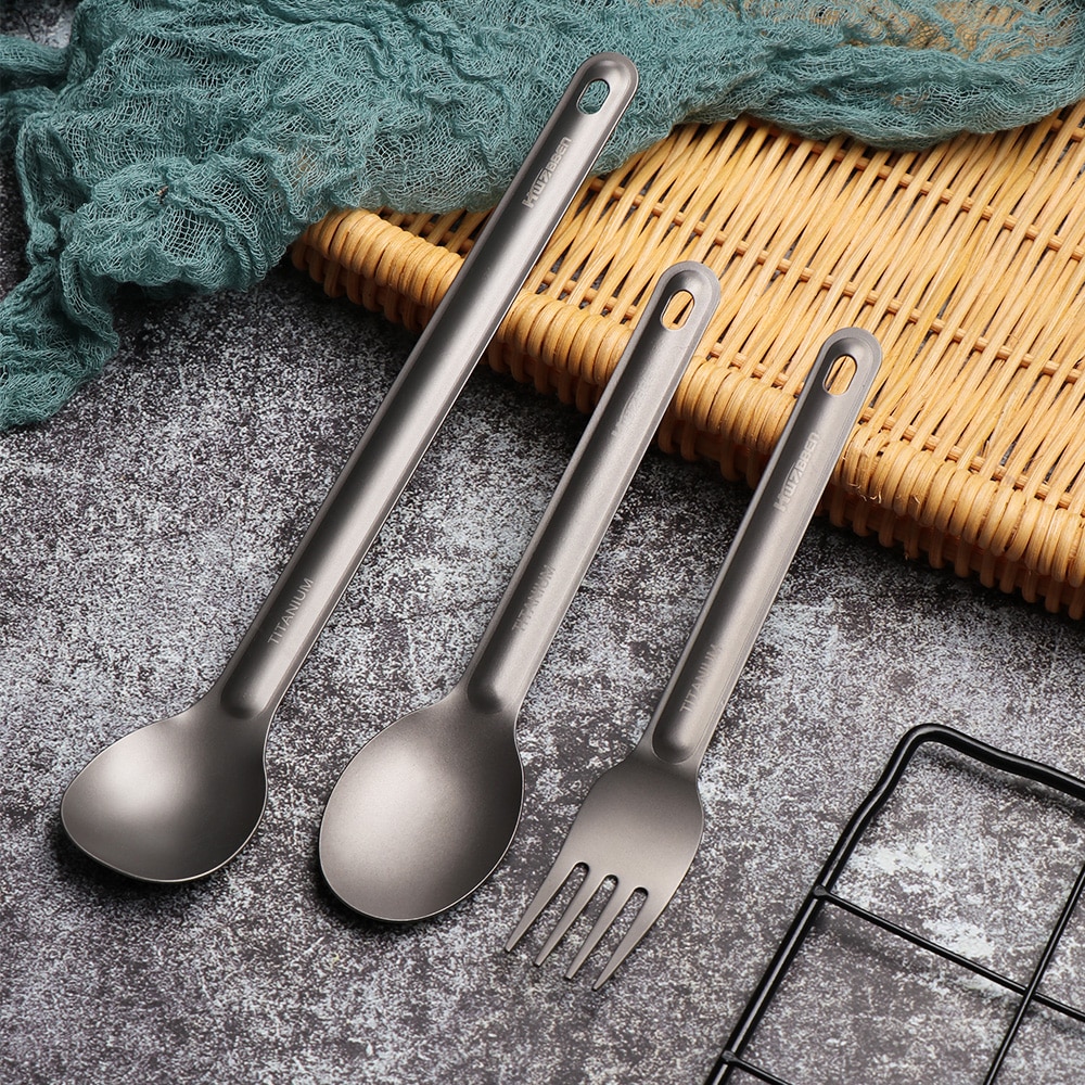 1Pc Portable Ultralight Titanium Tableware Long Handle Spoon Fork Outdoor Camping  EDC Environmental Outdoor Picnic Accessories