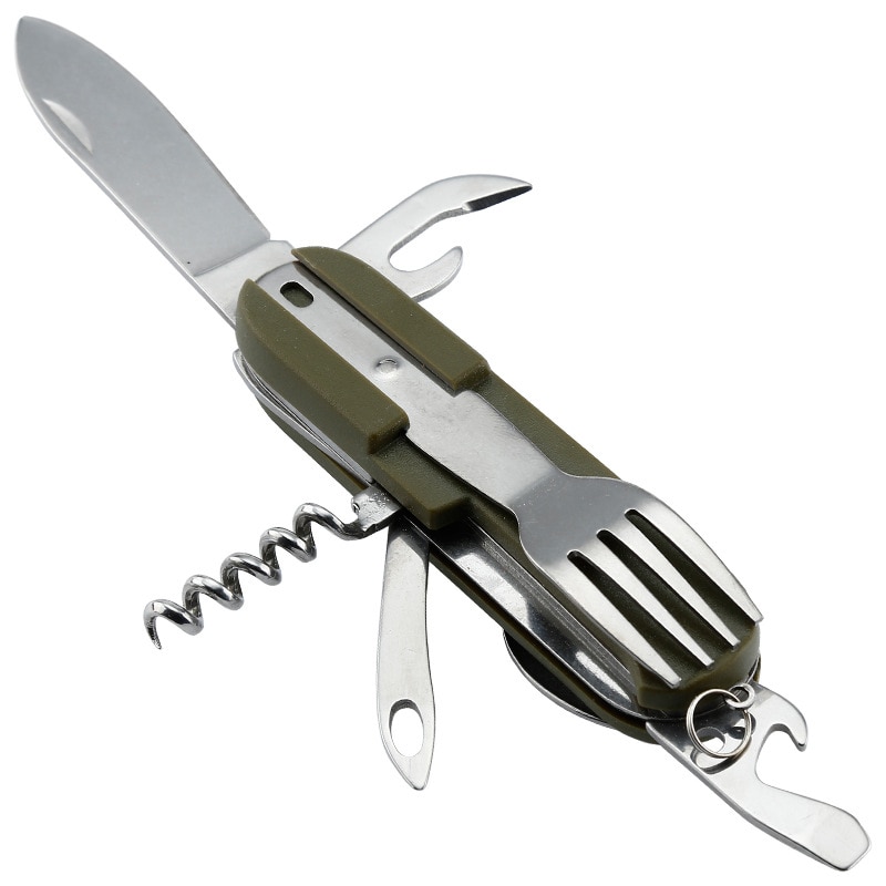 Folding Portable Camping Picnic Cutlery Tableware Stainless Steel Knife Fork Spoon Bottle Opener Flatware Camp Cooking Supplies