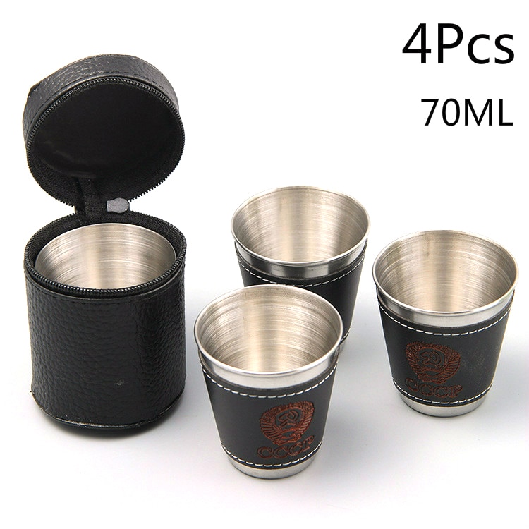 4pcs/lot 70/30ml Outdoor Camping Tableware Travel Cups Set Picnic Supplies Stainless Steel Wine Beer Cup Whiskey Mugs PU Leather