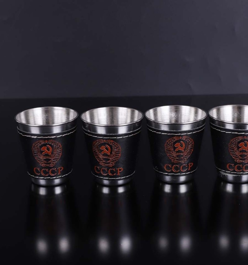 4pcs/lot 70/30ml Outdoor Camping Tableware Travel Cups Set Picnic Supplies Stainless Steel Wine Beer Cup Whiskey Mugs PU Leather
