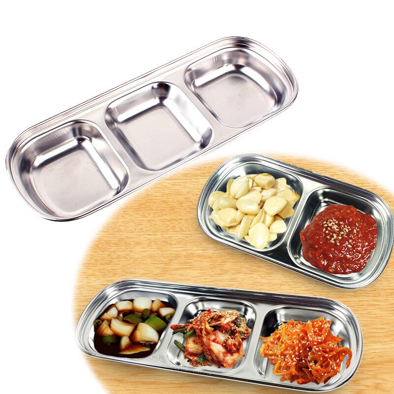 Barbecue dipping dish stainless steel condiment bowl three grilles Soy sauce Vinegar Sauce  Divided  es
