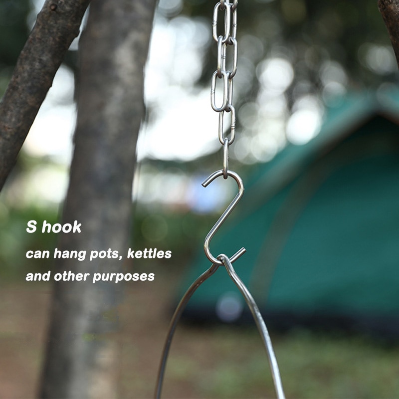 Outdoor Cooking Tripod Hanger Stainless Steel Adjustable Length Camping Tripod Hook for Cookware Picnic Hanging Pot Fire BBQ