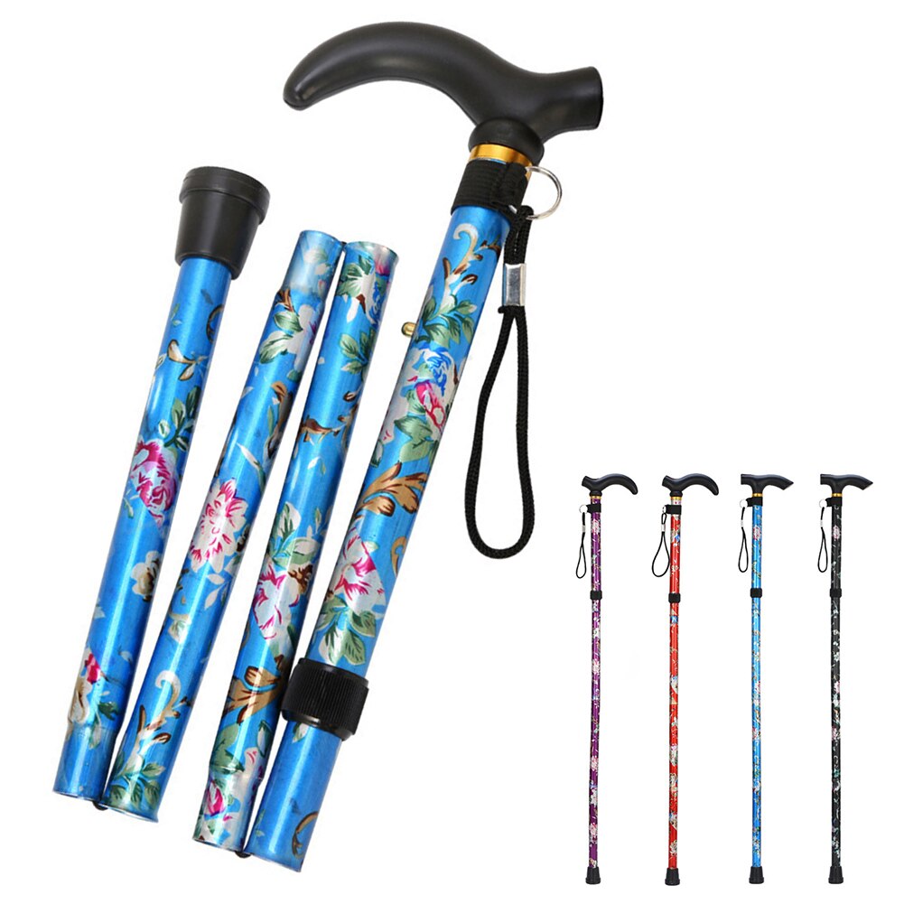Five-section Non Slip Cane Travel Sturdy Patterned Printed Folding Adjustable Walking Stick Crutches