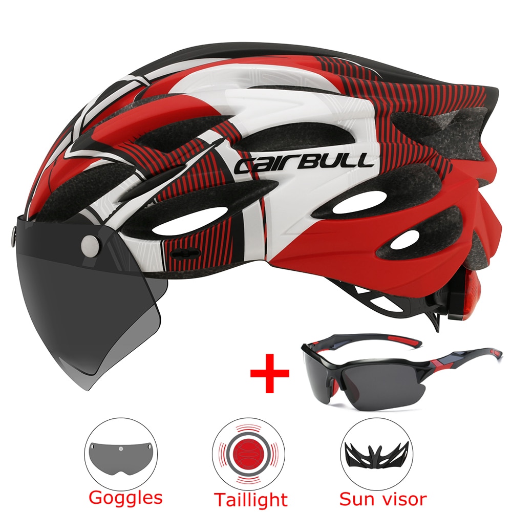 Intergrally-molded Mountain Bike Helmet with Removable Goggles Visor Adjustable Men Women Bicycle Cycling Taillight Helmet