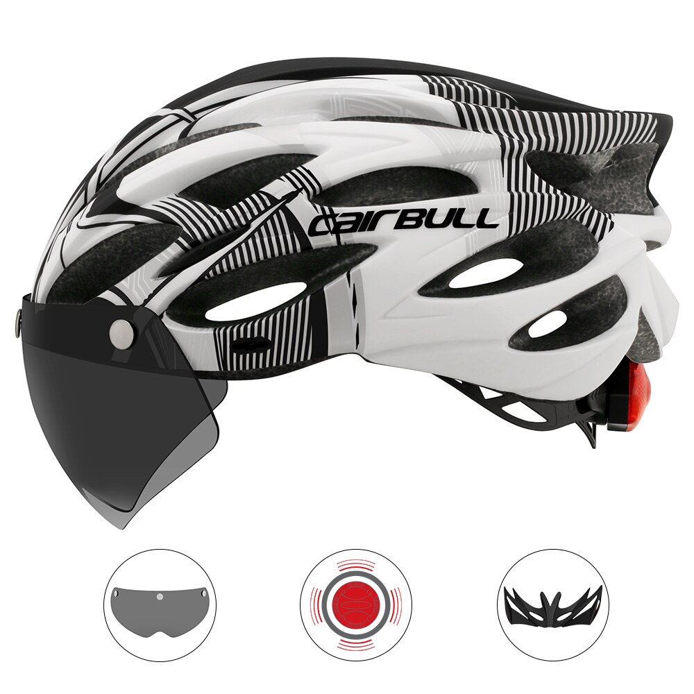 Intergrally-molded Mountain Bike Helmet with Removable Goggles Visor Adjustable Men Women Bicycle Cycling Taillight Helmet