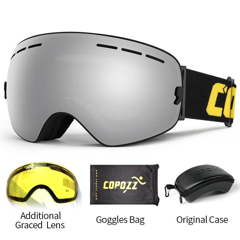 COPOZZ Ski Goggles with Case & Yellow Lens UV400 Anti-fog Spherical Ski Glasses Skiing Men Women Snow Goggles + Lens + Box Set