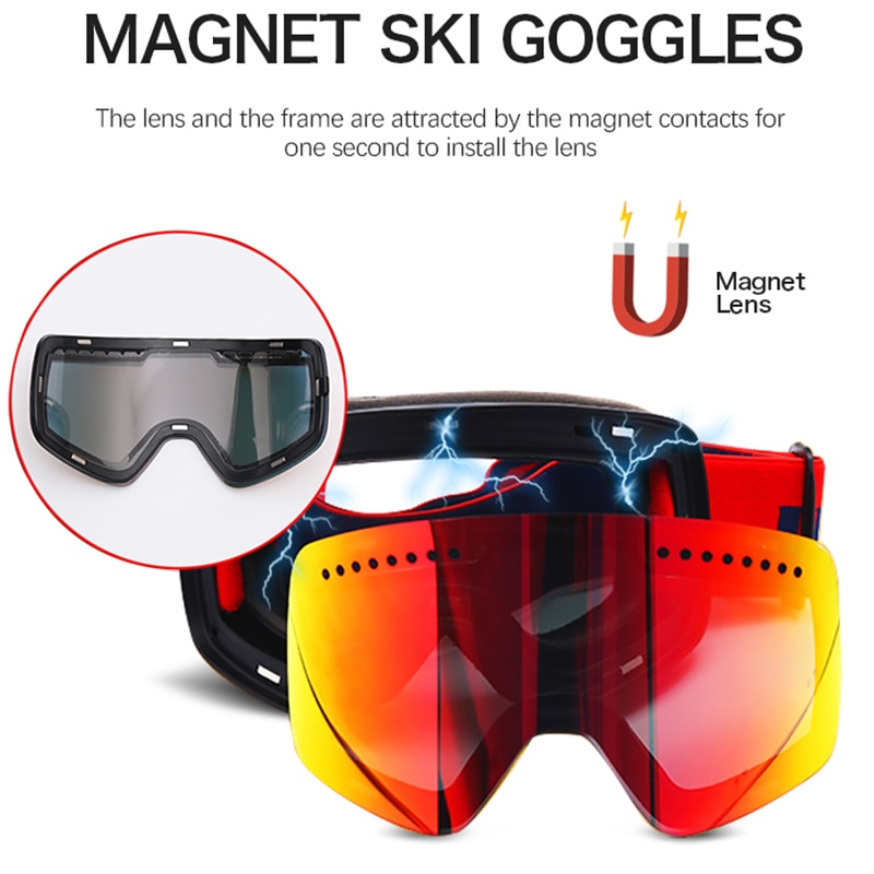 Jiepolly Magnet Ski Goggle Winter Snow Sports Snowboard Glasses Anti-Fog UV Protection Snowmobile Spherical Skiing Eyewear FJ037